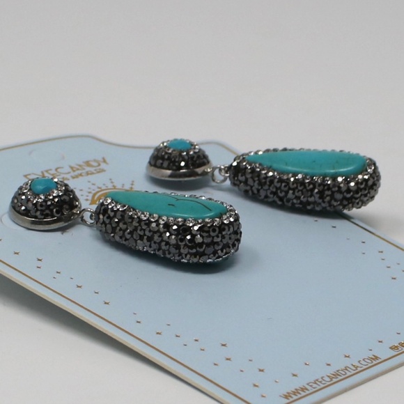 NWT EyeCandy LA‎ Turquoise Hematite and Rhinestone Dangle Earrings - Picture 3 of 4